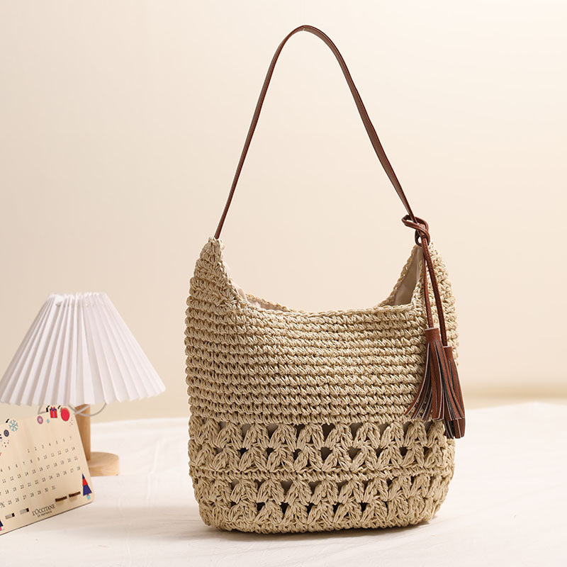 Hollow Out Cutout Straw Bag Tassel Straw Bag Woven Bag Seaside Vacation Beach Bag Casual Shoulder Bag Bella Mia